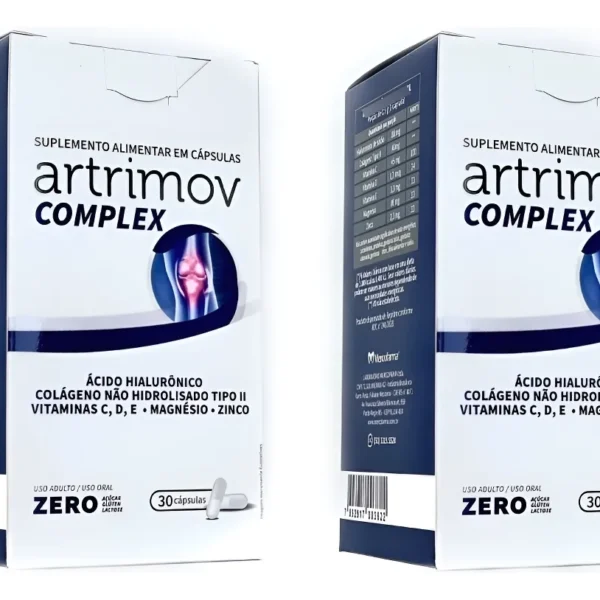 Artrimov Complex kit com 60 cápsulas (2 frascos) Ácido Hialurônico, Colágeno Tipo ii, Vitaminas c, d, e, Magnésio e Zinco