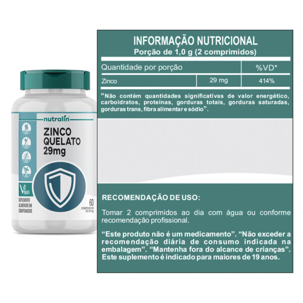 Zinco Quelato 29mg Nutralín 60 Comp.